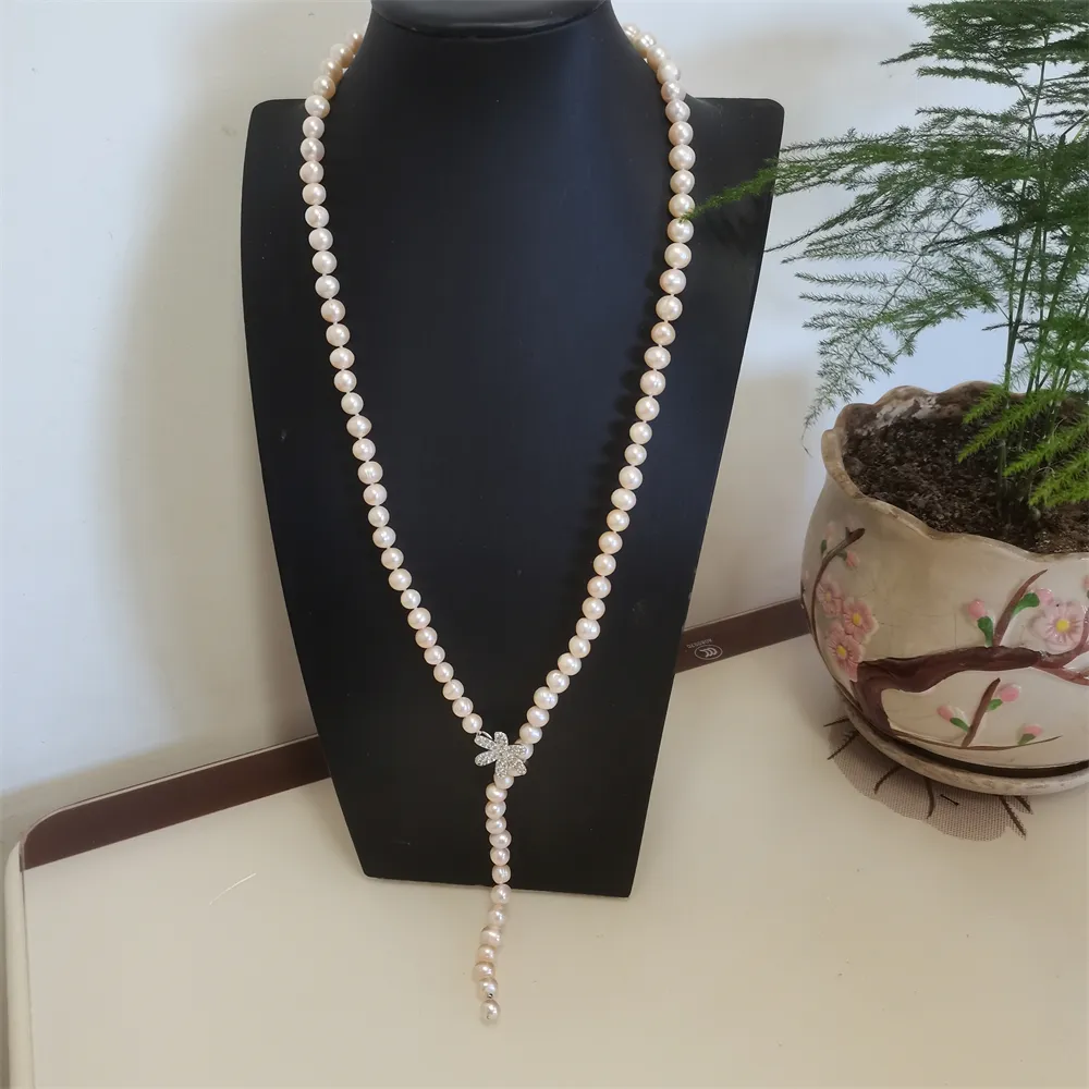 Gioielli di moda con collana lunga di perle d'acqua dolce rosa chiaro da 80 cm 8-9 mm con micro intarsio in zircone