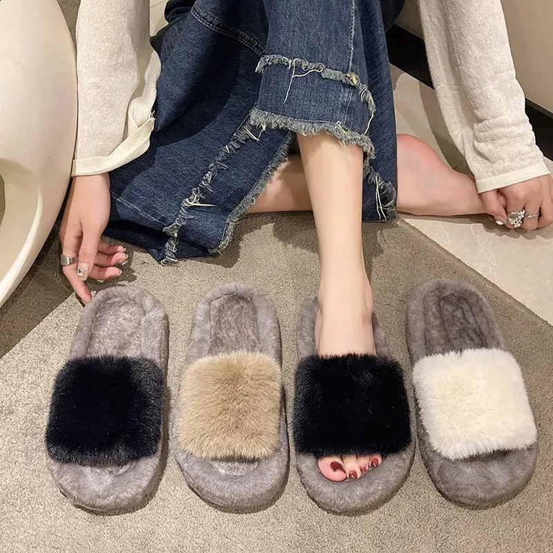 Slippers Fury slippers for women wearing fashionable oversized home insulation upper otter rabbit hair slippers for Women 231219
