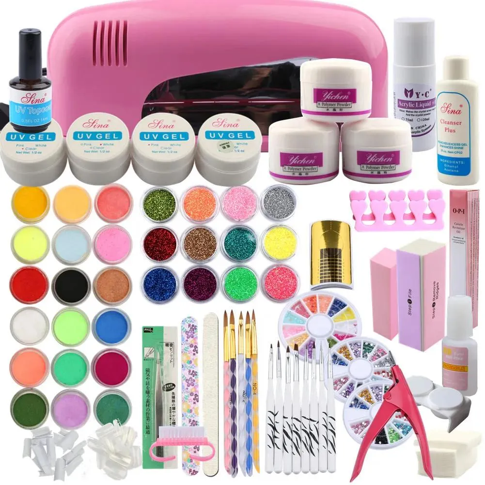 Kits acrylique UV Gel ongles ensemble 9W UV lampe manucure outils Nail Art décoration acrylique paillettes poudre brosse Gel ensemble Kit d'extension