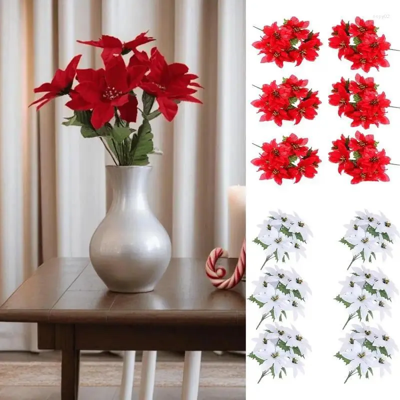 Bouquet de Poinsettia artificielles, 6 pièces, fleurs décoratives, tête rouge Xms, ornements d'arbre de noël, décorations intérieures et extérieures