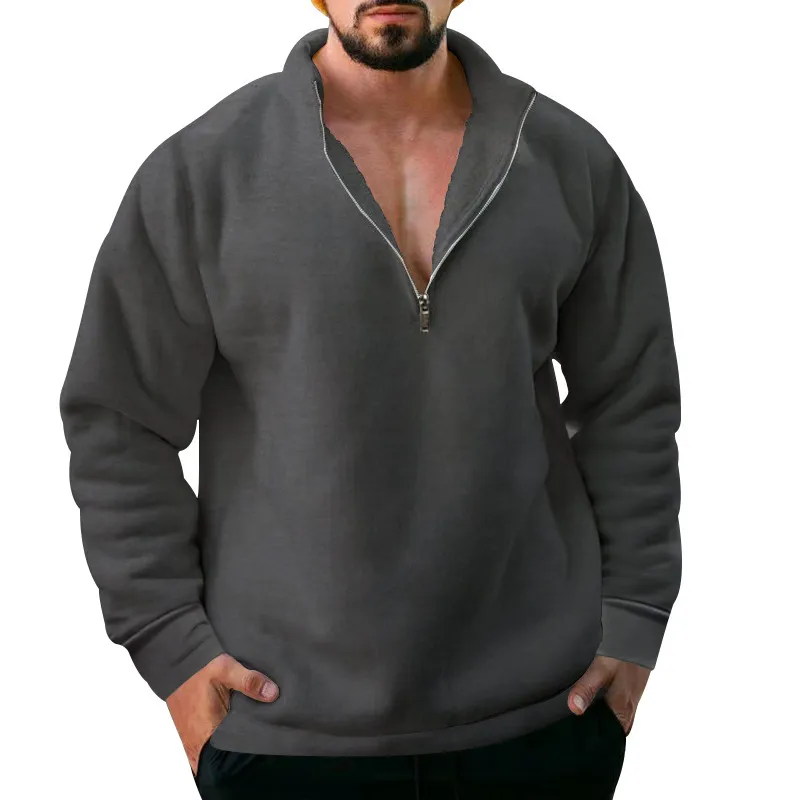 Large Size Autumn Winter with Fleece Half Zip Pullover Solid Color Casual Hoodie Men's Wear