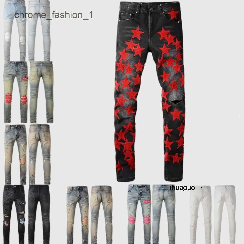 Slim Fashion Amari chude amirl moto off amirlies Ripped am dżinsy amis męskie motocykl imiri amiiri bawełniane męskie stopy wysokie strzępione uliczne lampka blu ql4s