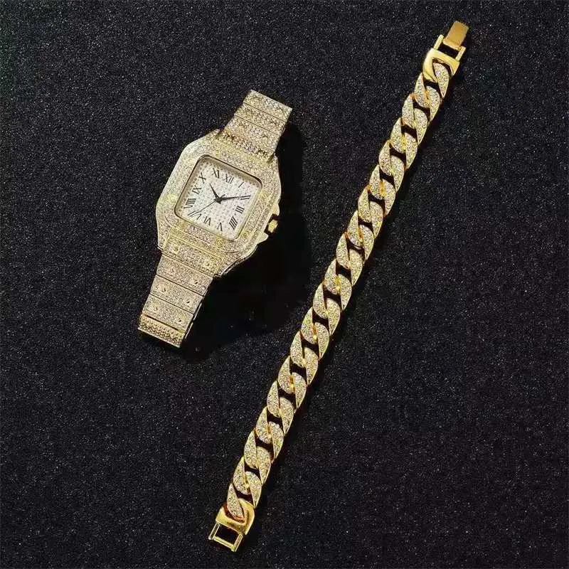 Zegarki dla mężczyzn dla mężczyzn luksus Hip Hope Out Gold Watch z bransoletką kubańską łańcuch kwarcowy renogio masculino Groomsmenl231217