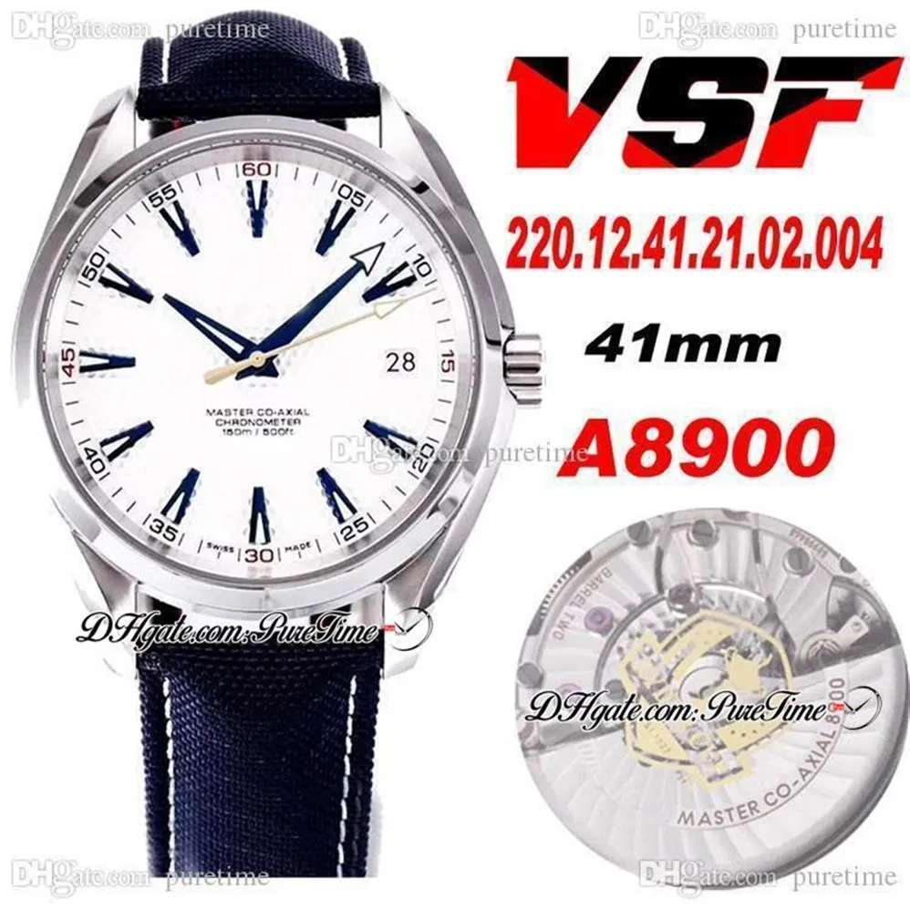 VSF Aqua Terra 150M Ryder Cup 41 5mm Cal A8500 자동 남성 시계 시계 옐로우 골드 골프 화이트 다이얼 블루 스틱 나일론 220 12 43155