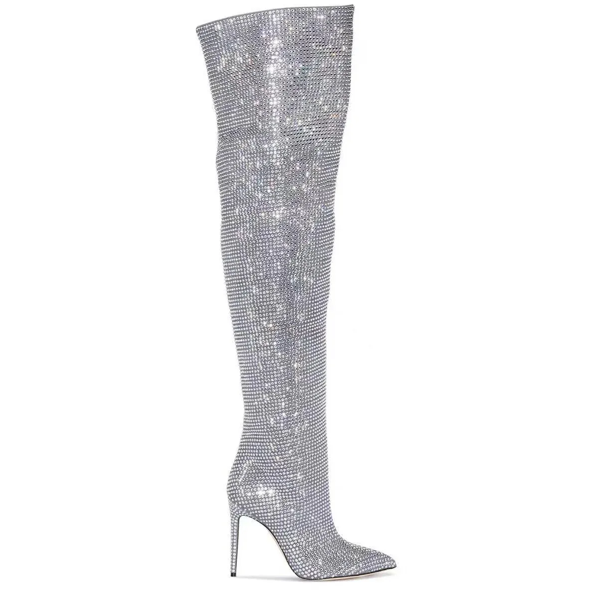 High Heel Boots Thigh High Bling Boots Rhinestone Lace-up Stiletto