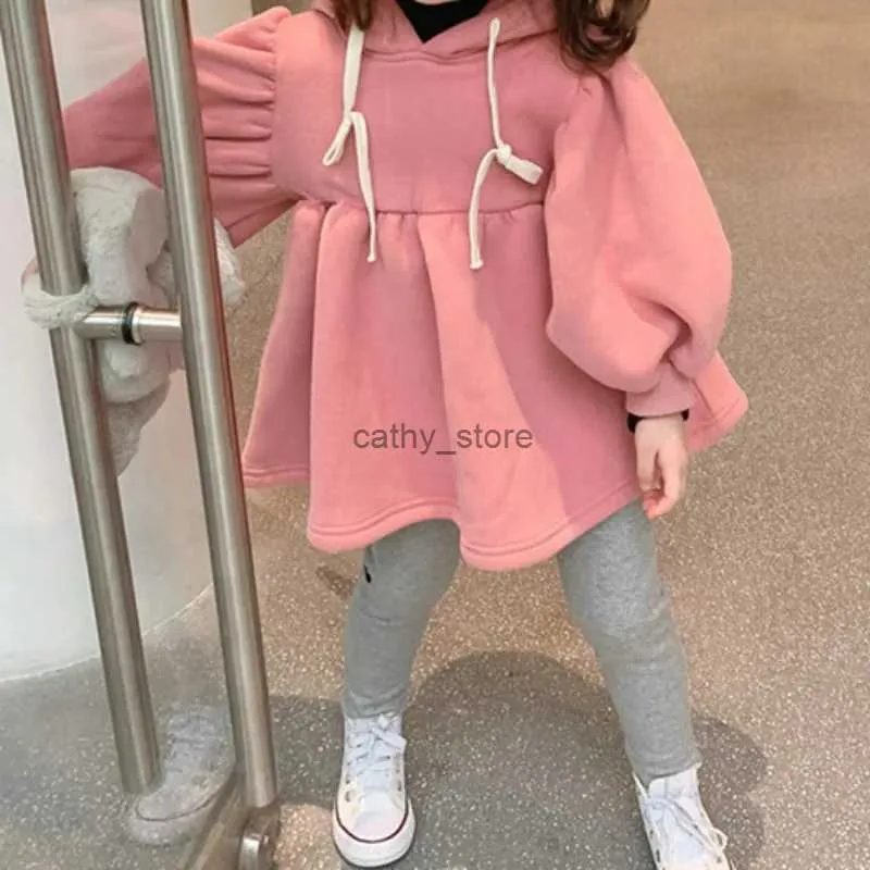 Pullover Girls Sweatshirt Hooded Korean Version Fleece Thicked Plush Top Baby Autumn Winter New Style Kids Tops Clothl231215