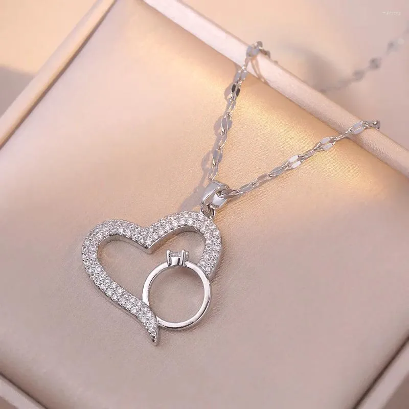 Ожерелья с подвесками из нержавеющей стали, микро-асфальтированное кристаллическое кольцо в форме сердца, ожерелье для женщин, модные роскошные ювелирные аксессуары, падение