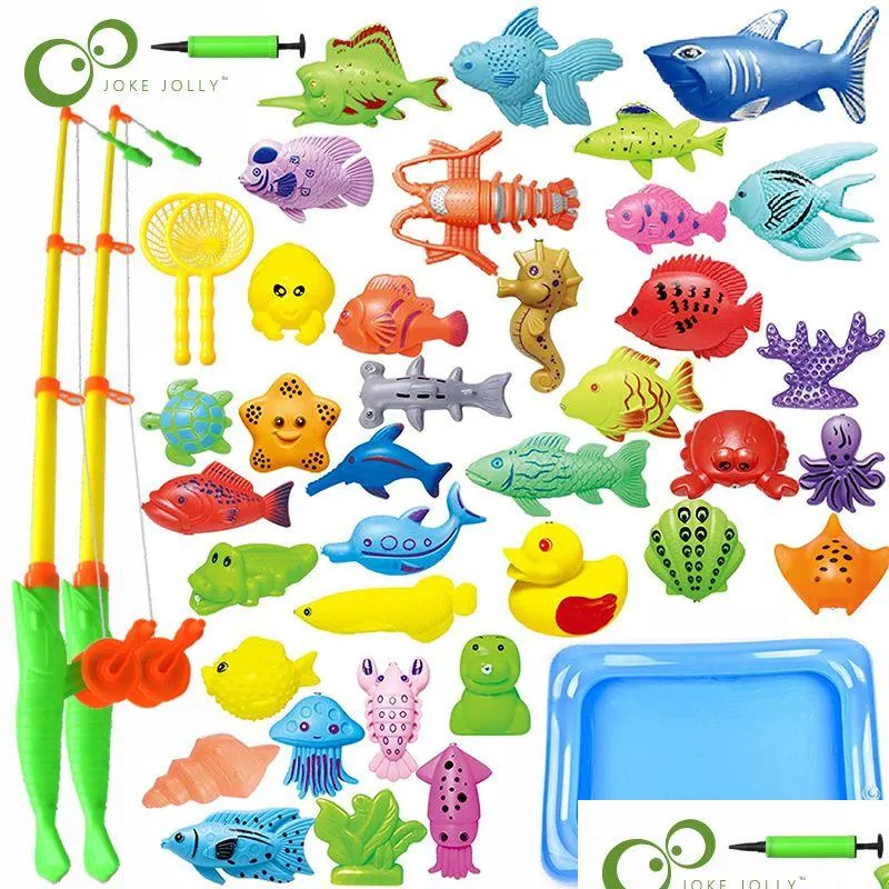 Banyo oyuncakları 56pcs Çocuk Havuz Balıkçılık Oyunları - Yaz Manyetik Yüzen Oyuncak Mıknatıs Kutup Çubuk Balık Net Su Tablosu Küvet Oyunu Damla Teslimat Otwpz