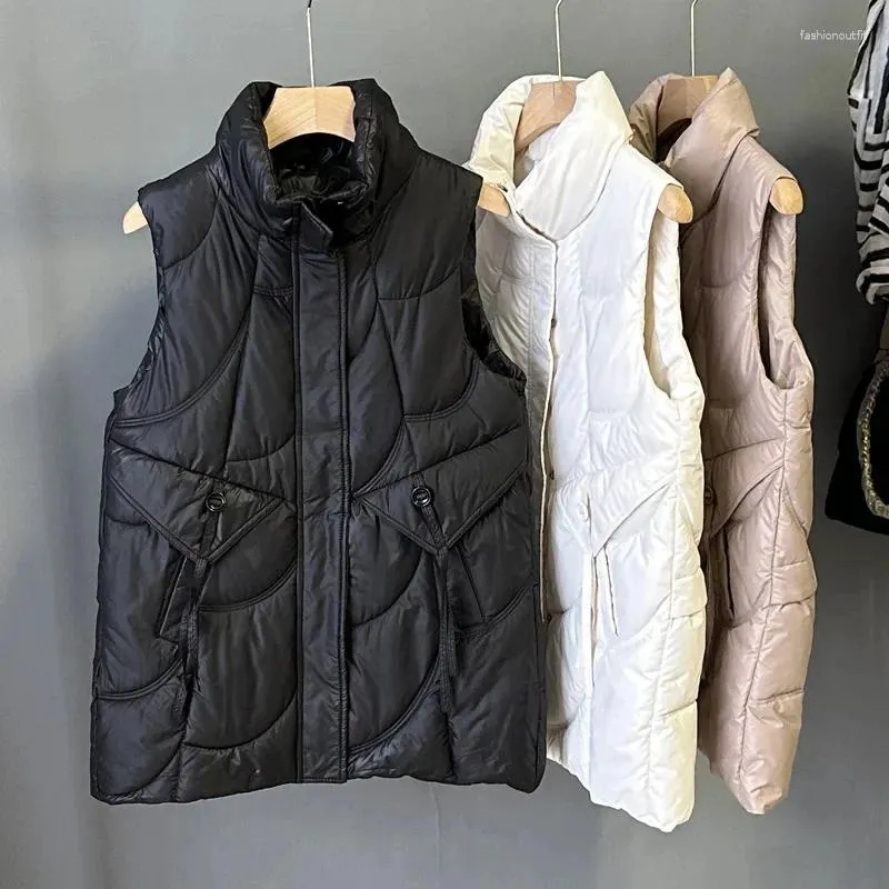 여성용 조끼 퀼트 미드 길이 스탠드 칼라 가벼운 zip Gilet Bodywarm 겉옷 두꺼운 패딩 된 병원 소매 조끼