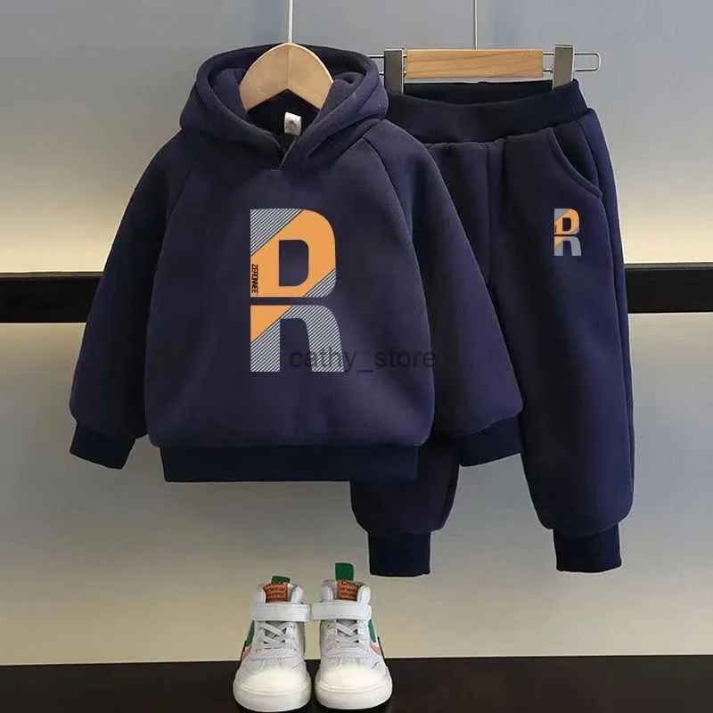 Pullover Winter Kids Fleece Thick Hoodies Suit for Boy Sportswear 2+y Young Child Clothes Autumn Warm Girls Hooded Tops Pant Matching SetL231215