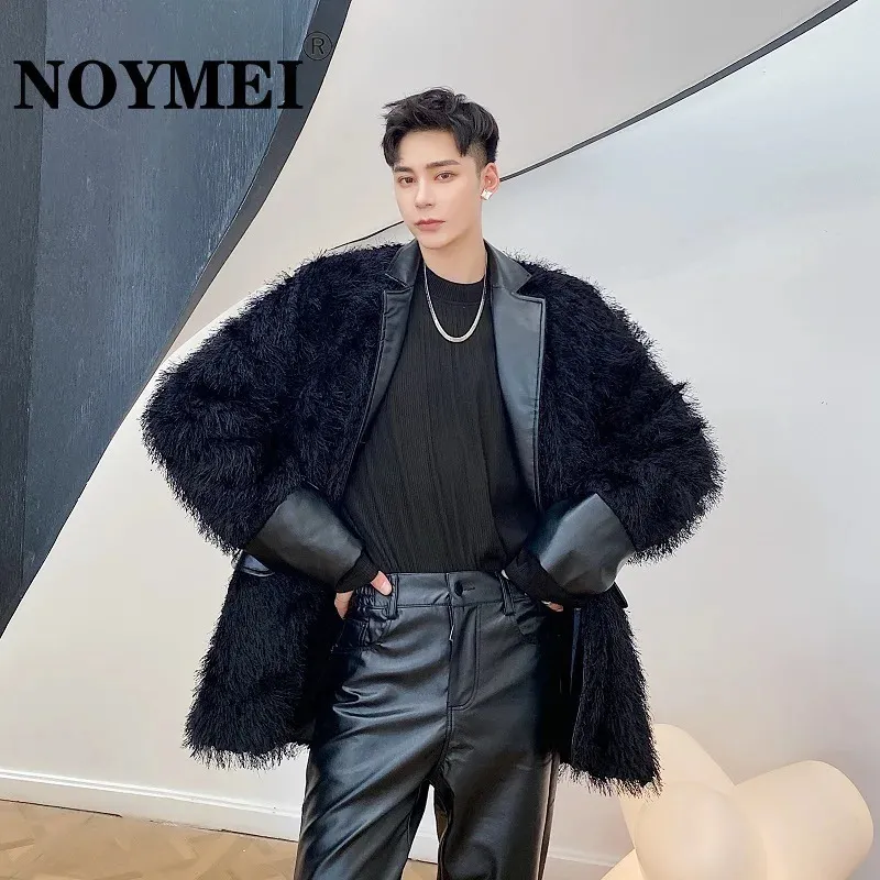 Vestes pour hommes Noymei Veste Patchwork Marten Cheveux PU Tempérament En Cuir Noir Revers Style Coréen Épaissir Manteau Automne Mâle Top WA2212 231219