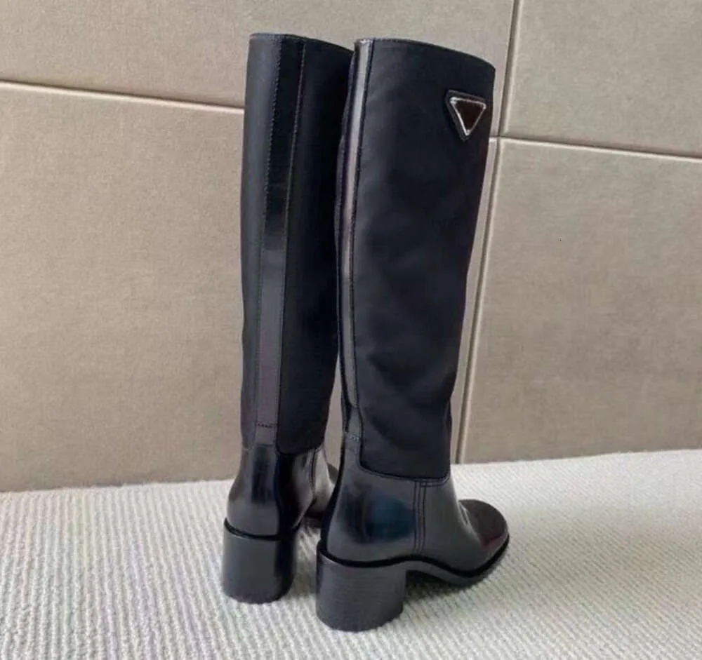 New Triangle panelled Knee-High Boots high quality nylon chunky block heel tall leather sole Women's luxury designers Fashion Party Dress shoes factory footwear 85