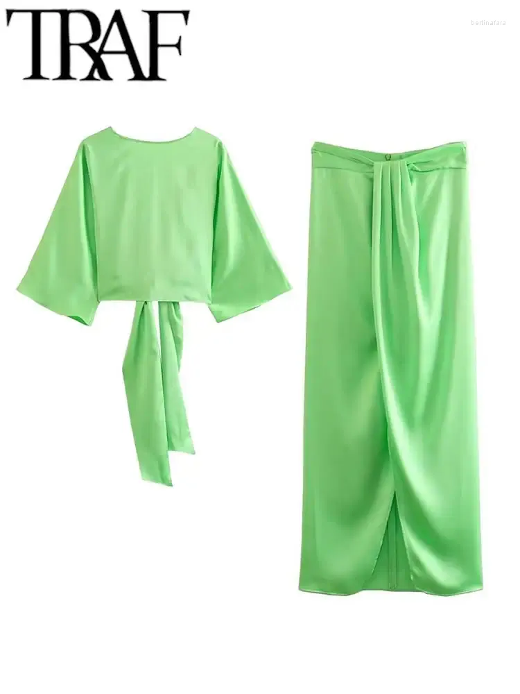 Рабочие платья 2023 Y2k, женские летние тонкие бантики, тонкий укороченный топ с открытой спиной, атласная рубашка, женские макси-юбки с разрезом, костюмы, зеленые комплекты из 2 предметов