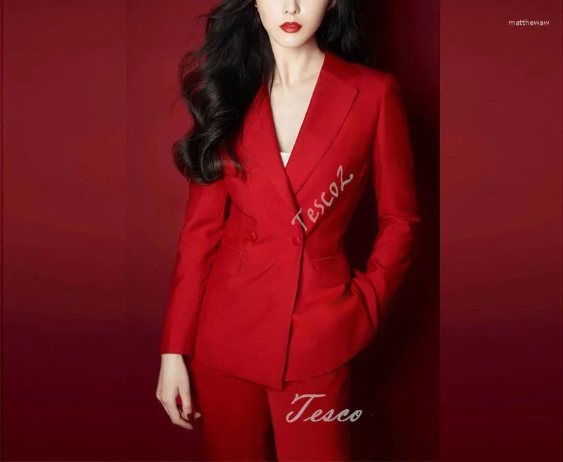 Kvinnors tvåbitar byxor Tesco Red Set Solid Blazer och byxor Double Breasted Jacket 2 Temperament Pantsuit Female Luxury Casual Suit