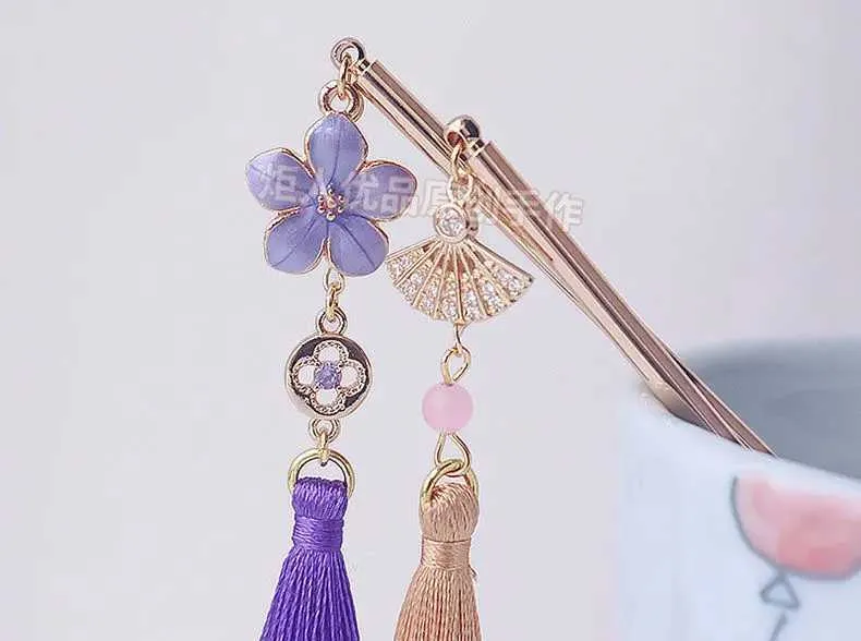 Tiaras Genshin Etki Raiden Shogun Çin Tarzı Saç Çubukları Püskül Çubuk