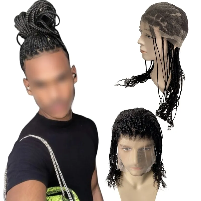 18 Inches Indian Virgin Human Hair Systems Natural Color 180% Density Box Braids Full Lace Wigs Male Unit for Black Men