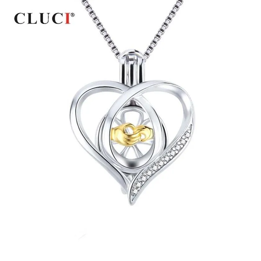 CLUCI 925 Locket for Women Necklace Jewelry Making 925 Sterling Silver Heart Zircon Pearl Cage Pendant SC362SB305h