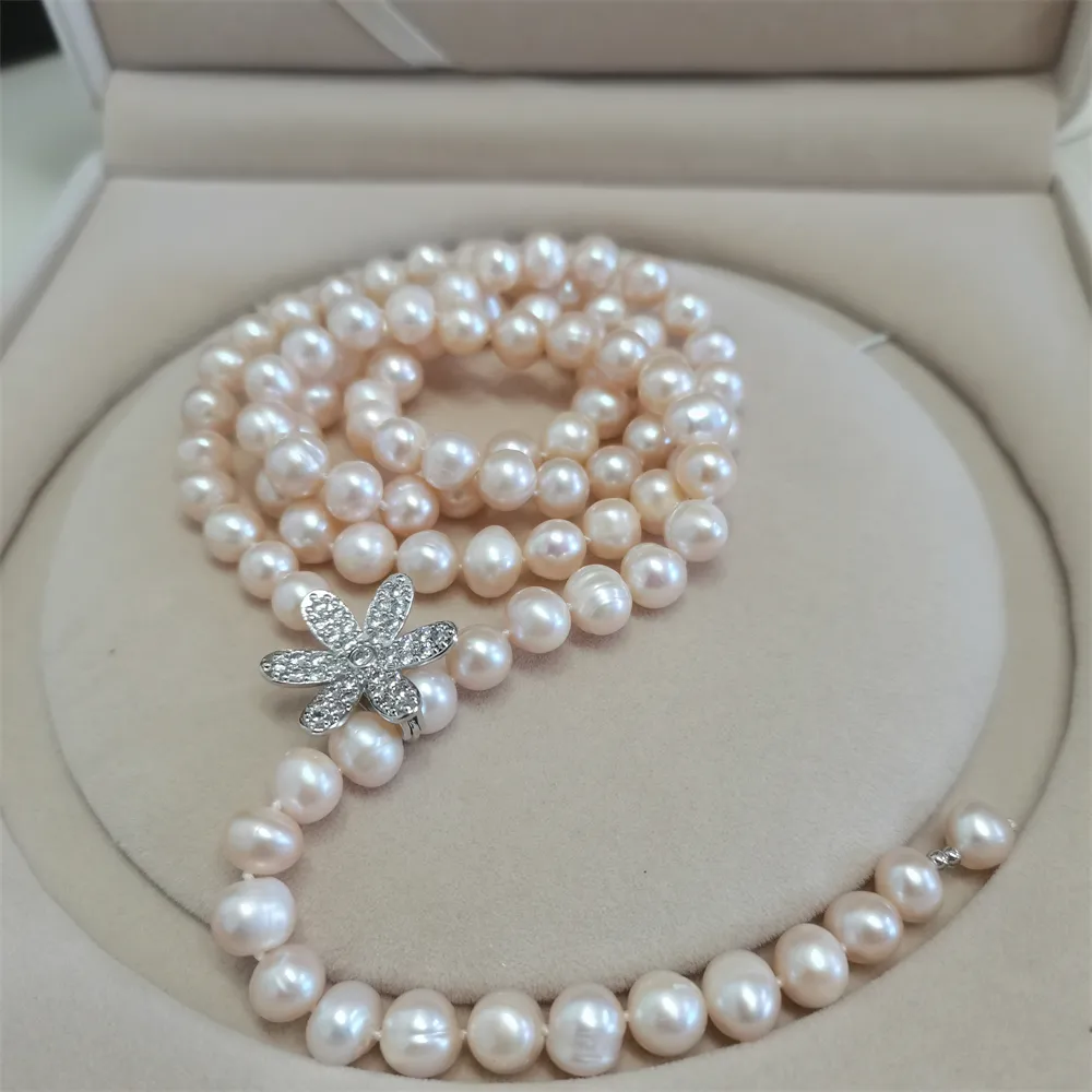 Gioielli di moda con collana lunga di perle d'acqua dolce rosa chiaro da 80 cm 8-9 mm con micro intarsio in zircone