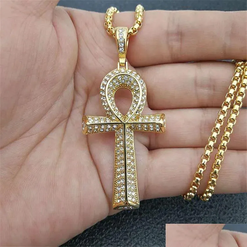 Hanger Kettingen Heren Egyptische Ankh Kruis Hanger Met 14K Geel Gouden Ketting En Iced Out Bling Fl Strass Ketting Hip Hop Egypte Dhvzq