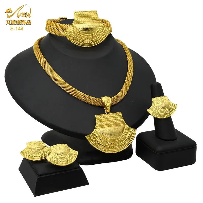 Hochzeit Schmuck Sets ANIID Dubai 24K Gold Farbe Set Für Frauen Afrikanische Nigerian Halskette Ohrringe Und Armbänder Braut Indische mode 231219