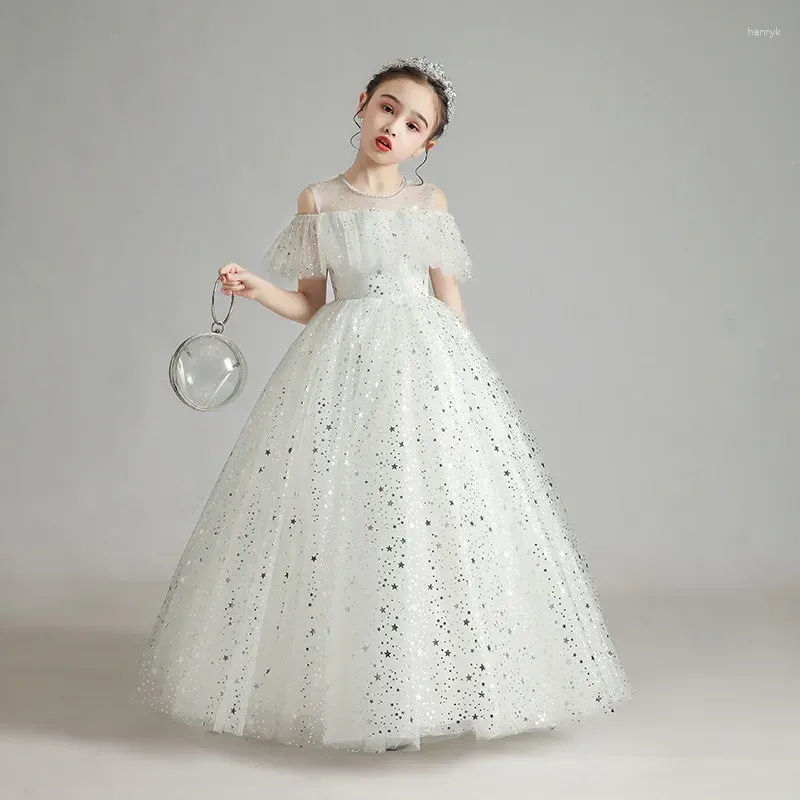 Robes Vintage en dentelle blanche pour filles, col rond, fleurs pailletées, pour mariage, première Communion, fête d'anniversaire pour enfants, 2023