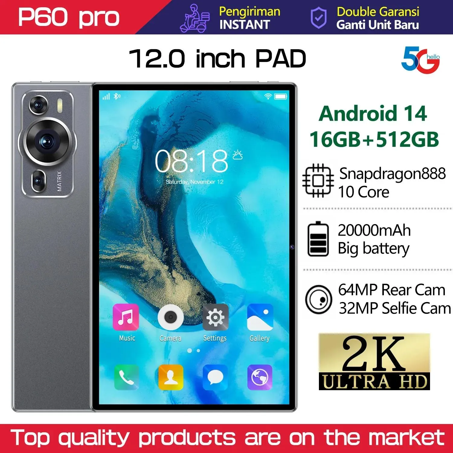 PC Brand Touch Tablet Android P60 Pro Global Tablette 12.0 بوصة HD 16G+512GB Snapdragon 888 5G بطاقة SIM المزدوجة أو WiFi Google Play