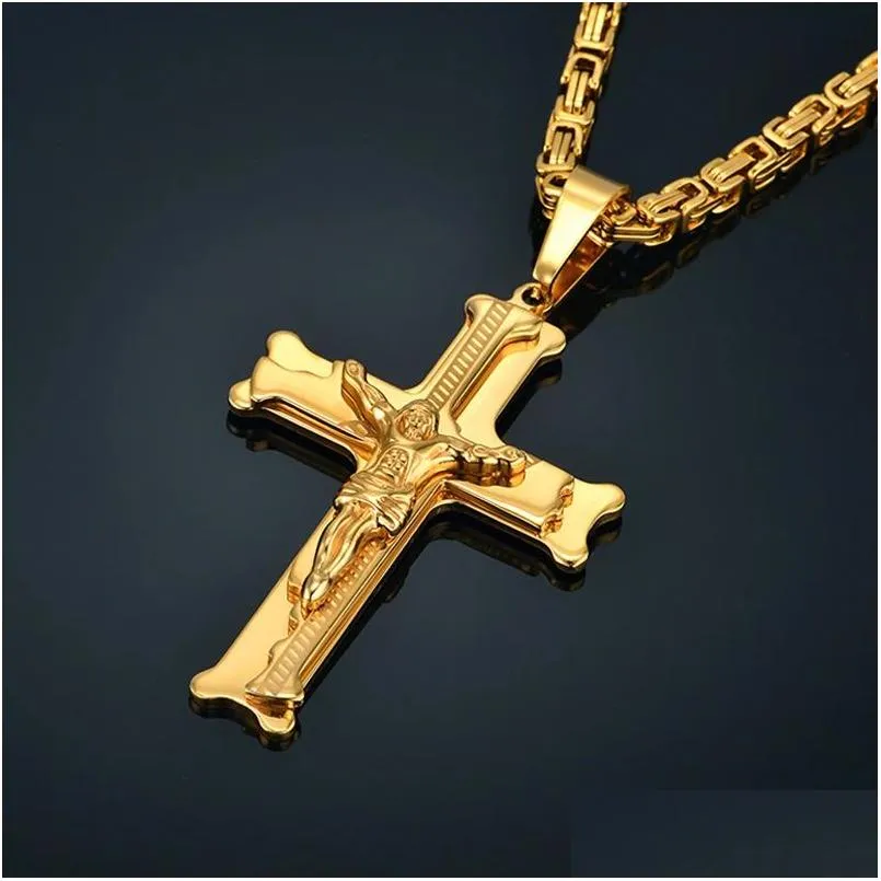 Pendant Necklaces 14K Yellow Gold Big Jesus Cross Pendant With Long Chain Mens Color Crucifix Necklaces Male Relius Jewelry Drop Deliv Dhe7Y