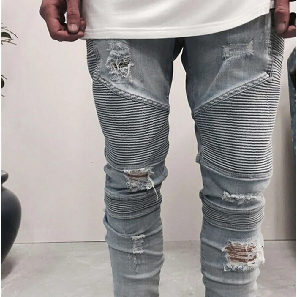 "Jeans da motociclista slim in denim blu/nero da uomo - Jeans dritti skinny lunghi strappati casual per uomini alla moda"