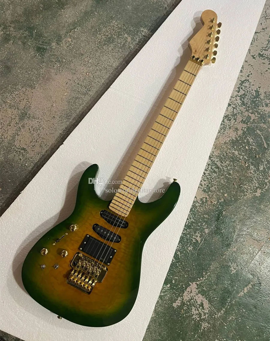 Guitare électrique vert brillant pour gaucher, avec pont trémolo, matériel doré, dessus en érable matelassé, personnalisable