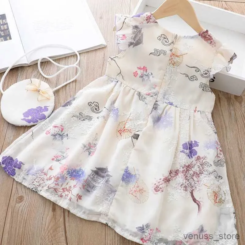 Girl's Dresses Short Sleeve Cotton Boutique Princess Cute Dress Chinese Cheongsam Princess Dress Baby Summer Girls Dress For kids Clothes + Bag