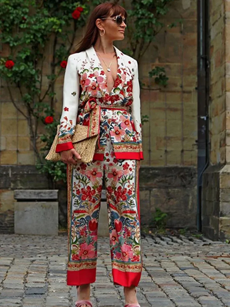 Dames Retro Bloem Geprinte Blazer Brede Poot Broek 2 Delige Set Veer Ol Casual Outfit Van 18 4 DHgate