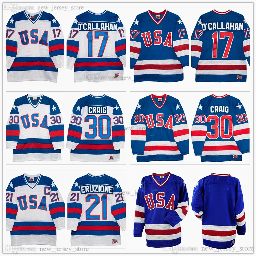 1980 Miracle On Ice Team 21 Mike Eruzione Hockey Jersey Pull 30 Jim Craig 17 Jack Callahan Bleu Blanc Cousu Hommes Vierge Sans Nom Numéro 46