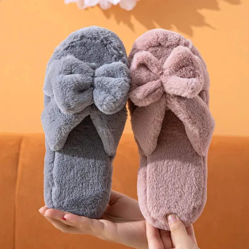 Slippers Four Seasons Slippers Women Open Toed Rabbit Hair Female Indoor Wooden Floor Warm Soft Sole Slippers Bowknot Sandals B 231219