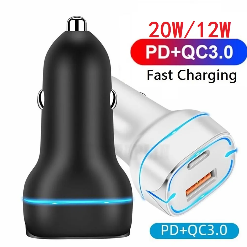20W 12W QC3.0 Podwójna ładowarka samochodowa USB USB C Adaptery Power LED LED Universal Type C Szybkie ładowarki dla iPhone'a 12 13 14 15 Samsung Tablet PC GPS