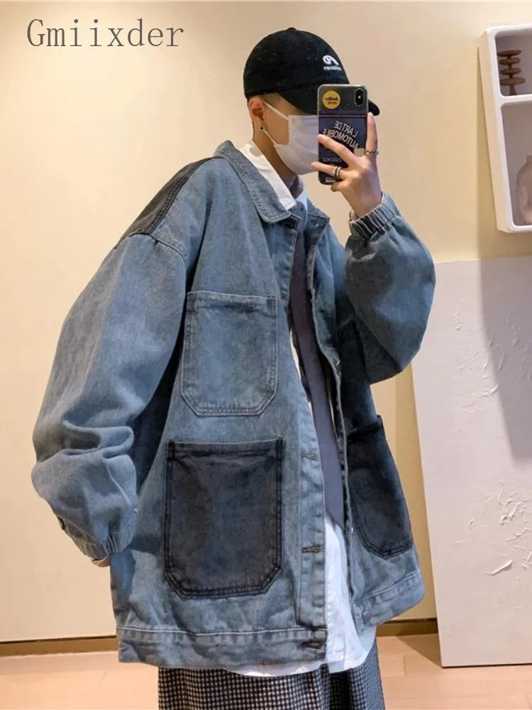 Herrjackor vintage färgblockerande denimjacka vårens hösttrend harajuku high street löst arbete unisex cool punk jeans
