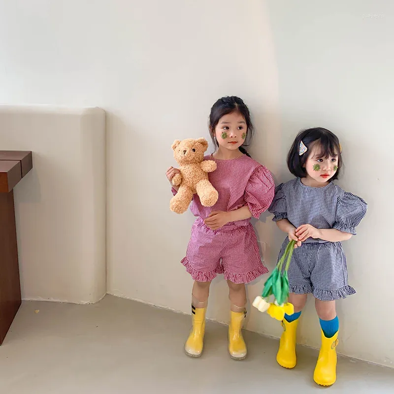 衣類セット夏の女の赤ちゃんかわいい格子縞の衣服コットンパフスリーブTシャツとショーツ2PCS 1-6Y