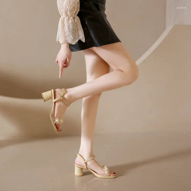 Sapatos de vestido 2023 Senhoras Sandálias de Verão Mulheres Francesas Uma Linha Cinto Mid-Heel Chunky Heel Mulher Moda Alta