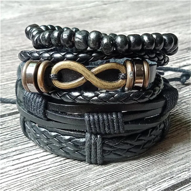 Braccialetti con ciondoli 4 pezzi/set Punk Vintage Nero Amore illimitato Bracciale fatto a mano da uomo Amicizia Gioielli in pelle Homme