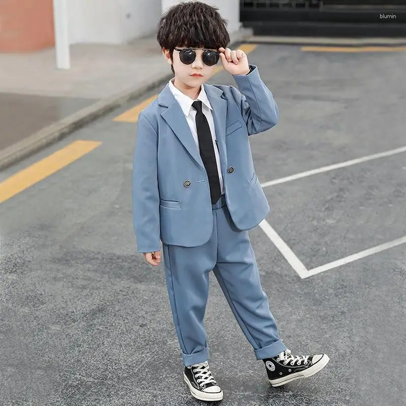 Clothing Sets 2024 Korean Baby Boys Spring Autumn Boy Suit Gentleman Set Khaki Tailored Coat Pants Children Wedding Party Clothes