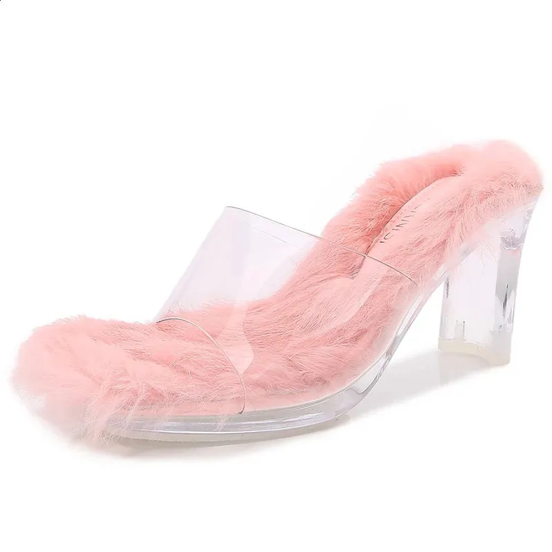 Bont veelzijdige slippers European High Heel Dames Crystal Heel Rabbit Hair Sandals voor extern Amerikaans niche -ontwerp S 5EF8