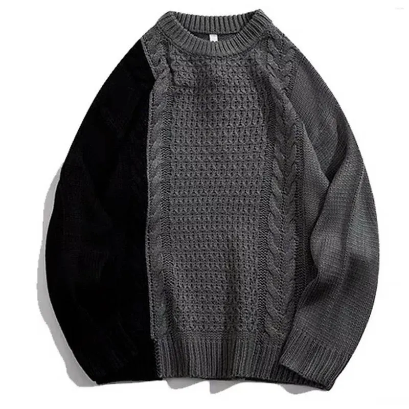 メンズセーター韓国ファッションセーターコントラストカラーoネックニットルーズフィットプルオーバーウールジャンパートップスエター