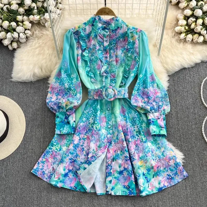 فساتين غير رسمية 2024 Fashion Spring Runway Mini Dress Women's Stand Ruffles Lantern Sleeve Single Single Reasted Floral Holiday 6573