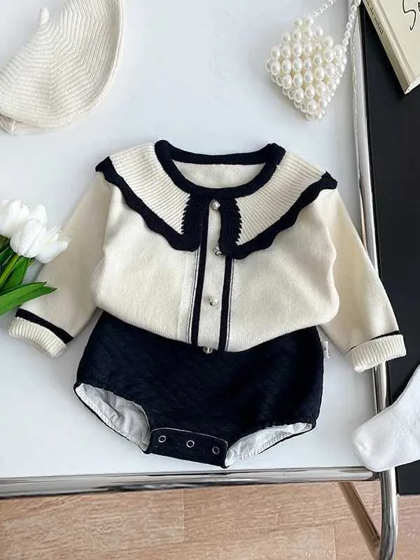 Kazak sonbahar yeni bebek kız uzun kollu örgü bebek kız kızarmış yakalı kazak toddler örgü üstleri kız prenses clothesl231215