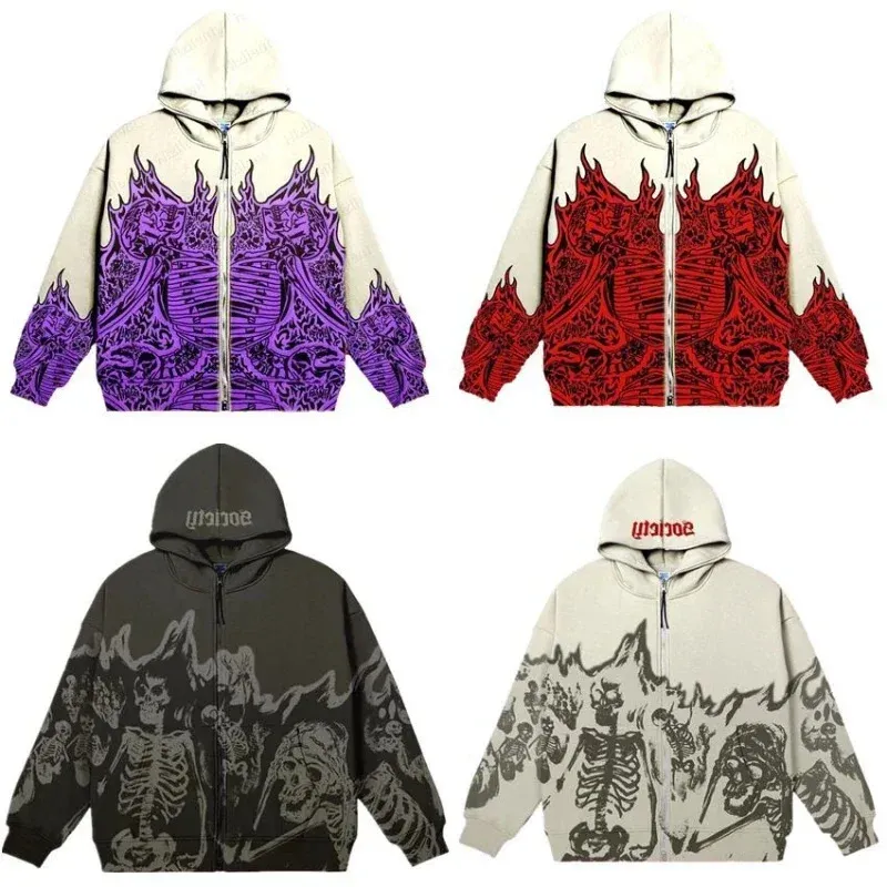 Heren Hoodies Sweatshirts INS Stijl Heren Street Wear Retro Skeleton Rits Hoodie Y2k Gedrukt Los Oversized Sweatshirt Gothic Top Trainingspak Paar 231218