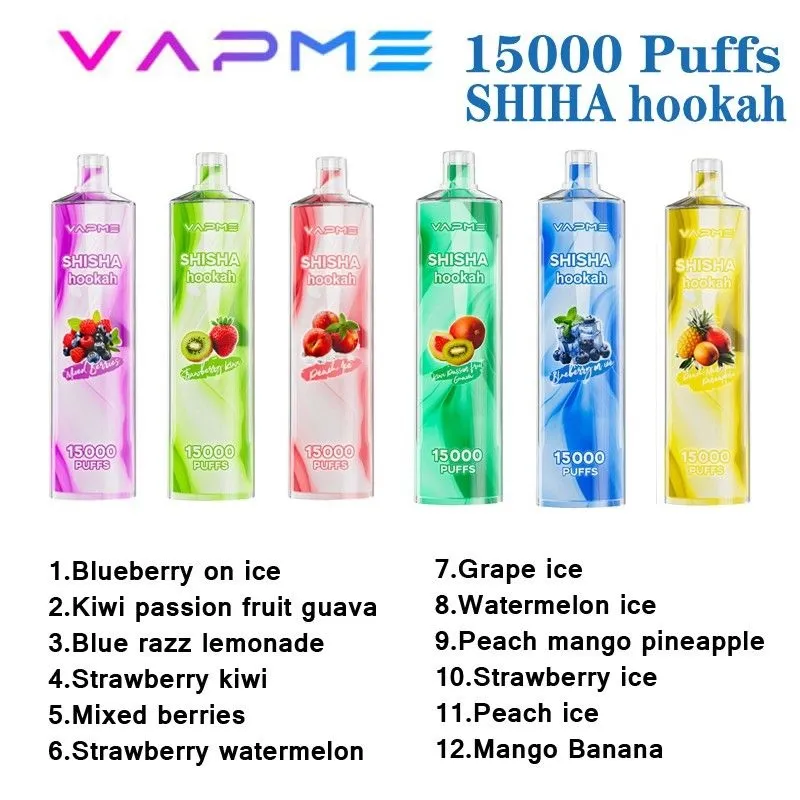 오리지널 Vapme Shisha Hooka Puff 15000 일회용 vape 메쉬 코일 650mah 충전식 배터리 25ml 미리 채워진 포드 12 맛 vape pen 15k e 담배 대 엘프 박스 14K