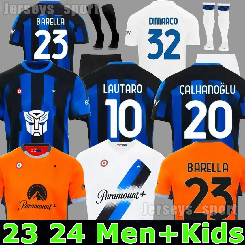 2023 2024 DZEKO INTERS LAUTARO LUKAKU camisas de futebol BARELLA MILANS J. CORREA 23 24 camisa de futebol CALHANOGLU GAGLIARDINI Homens Kit Infantil uniforme