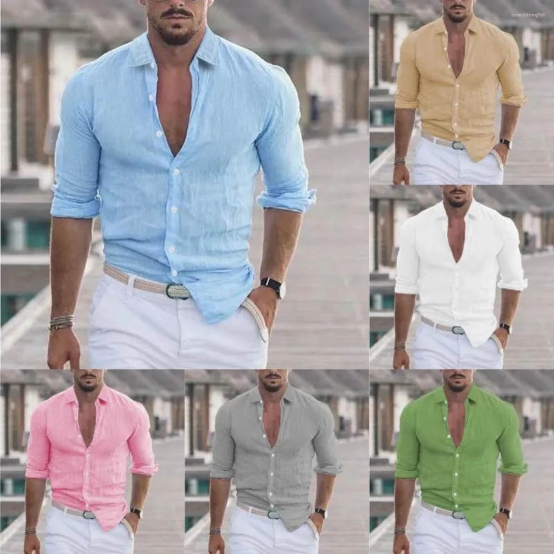 Men's Casual Shirts Men Cotton Linen Turn-down Collar Solid Color Long Sleeves Loose Spring Autumn Style Plus Size