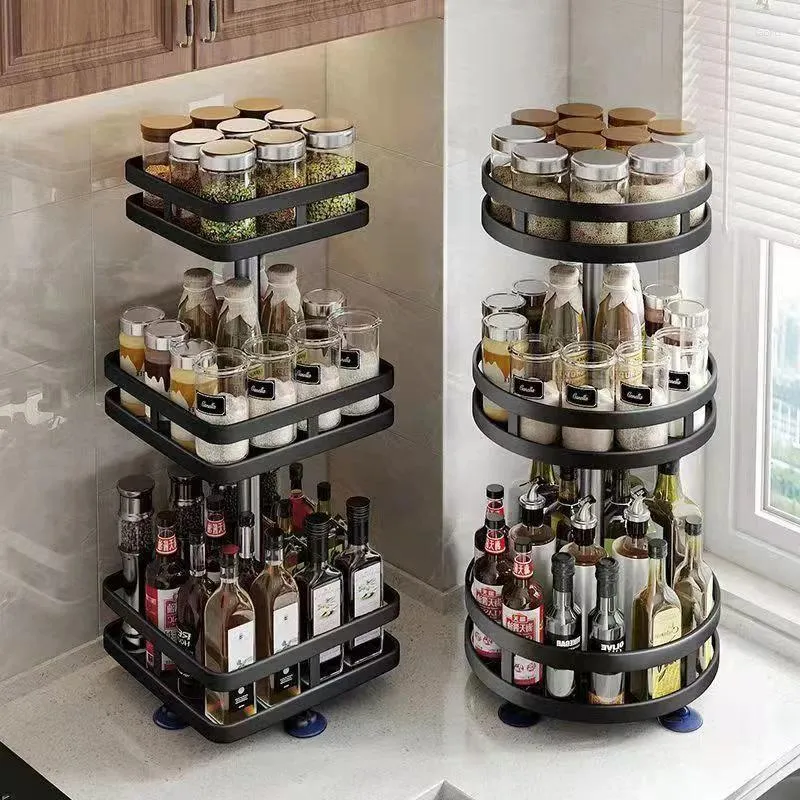 Kitchen Storage 360-Rotation Rack Carbon Steel Tray Box Oil Salt Soy Sauce And Vinegar Condiment Accessories