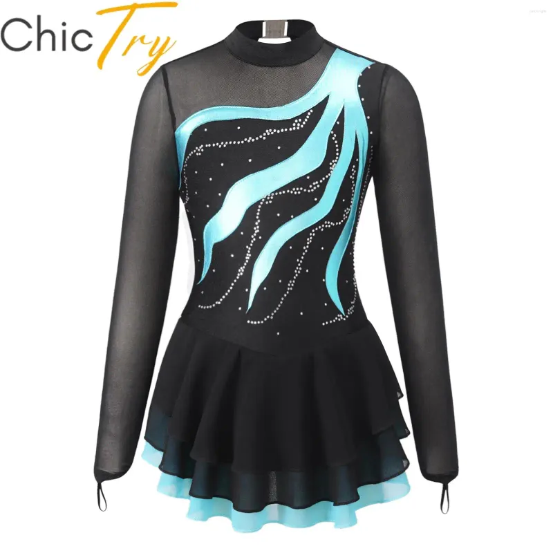 Stage Wear Enfants Filles Figure Robe de patinage sur glace à manches longues Gymnastique Justaucorps Ballroom Ballet Costume de danse pour la performance d'entraînement