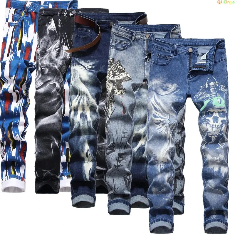 Jeans para hombre Tallas grandes Pantalones de mezclilla elásticos con estampado digital 3D Pantalones blancos negros azules Pantalones de moda para hombres 2834 36 38 40 42 231218